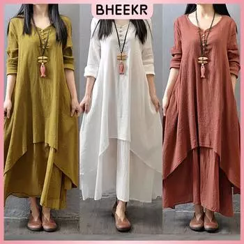 Long Skirt Literary Large Sway Linen Dress Loose Long Sleeve Cotton Linen Skirt M белый