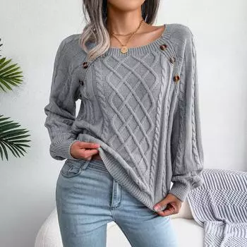 Long Sleeve Cable Knit Sweater, Casual Crew Neck Sweater, Women s Clothing S хаки