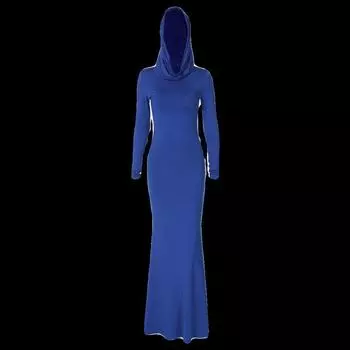 Long Sleeve Dress Fashion Female 2023 Autumn Fashion Temperament Pure Color Slim-Fit Hood Long Sleeve Dress Blue M