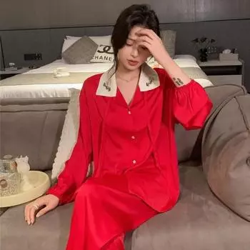 Длинный рукав Ice Silk однотонная пижама женский костюм с вышитыми цветами домашняя одежда осенняя пижама M