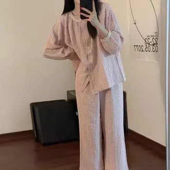 Пижамные комплекты с длинными рукавами для женщин с круглым вырезом и сетчатым принтом, пижамный комплект для сна для молодой девушки, женская домашняя одежда M фиолетовый