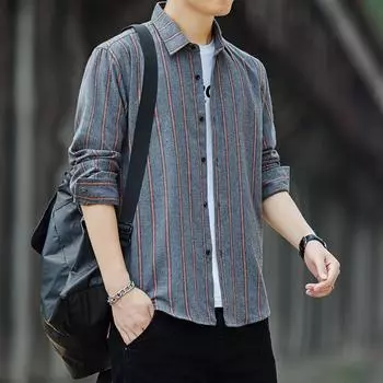 Рубашка в клетку с длинным рукавом, мужская, трендовая, повседневная, корейская версия, модная, универсальная одежда, полосатая рубашка для мужчин M