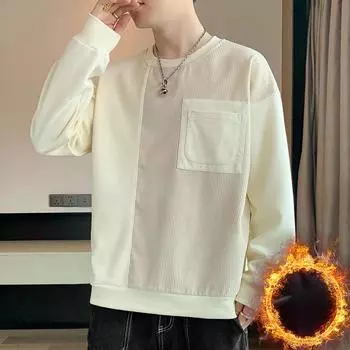 Long Sleeve T-shirt Men s Autumn Round Neck Loose Pullover Trend On Clothes Autumn and Winter Casual Plus Fleece Hoodie M