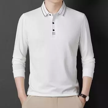 Футболка с длинным рукавом мужская весна и осень новая однотонная для среднего возраста свободная универсальная повседневная рубашка-поло верхняя одежда для папы M
