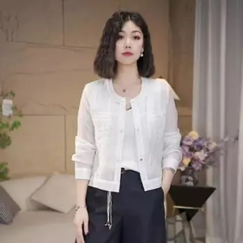 Long sleeve Thin Short coat Women 2025 New Summer Loose Casual Fashion Western Style Short Sunscreen Cardigan Top White 3XL