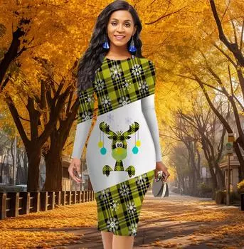 Long Sleeve Waist Tight Office Slim Fit Cartoon Animals Printing Elegant Bodycon Dress XS жёлтый