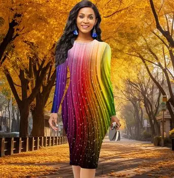 Long Sleeve Waist Tight Office Slim Fit Colorful Flowing Light Printing Elegant Bodycon Dress XS жёлтый