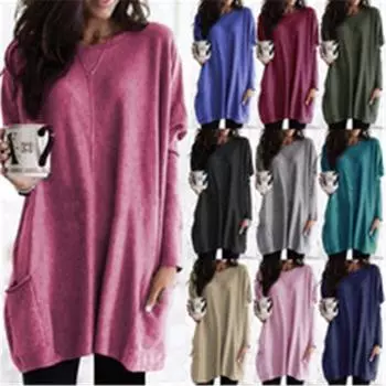 Long-sleeved Casual Pocket T-shirt Blouse Women s Clothing 4XL чёрный