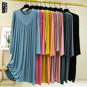 Long-sleeved Dress New Loose Modal Cotton V-shaped Pleated Long Dress Middle-aged Home Women s Nightdress L