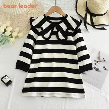 Long Sleeved Gilrs Dress Bear Leader 3-7 Years Black White Striped Lapel Dresses QZ203 3T