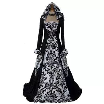 Long Sleeved Hooded Dress Draw In Waist Printed Court Skirt Cosplay Costume S