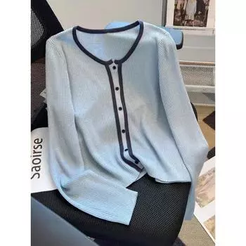 Long-sleeved knitted sweater cardigan autumn new large-size women s clothing contrasting colors thin sweater unique chic top S/80-90 синий