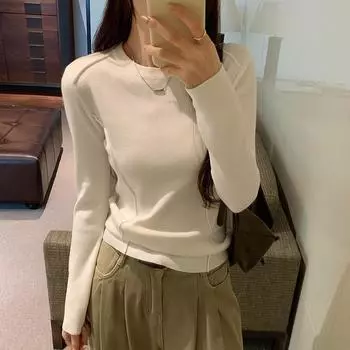 Long-sleeved Sun Protection T-shirt for Women with Design Sense Niche Topstitch Round Neck Bottoming Shirt Slim Right Shoulder Pure Cotton Top Ins S