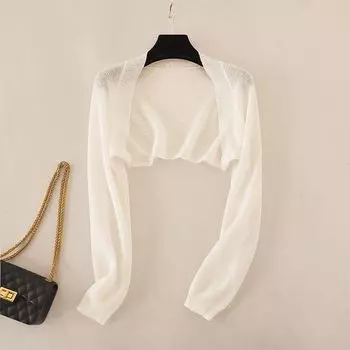Long Sleeves Short Ice Silk Knitted Sun-Proof Cardigan Women s Thin Summer Suspender Skirt Outerwear Coat Shawl Air Conditioning Blouse Apricot(8535) L
