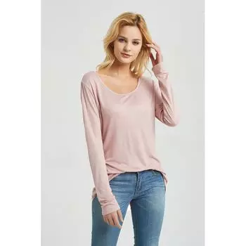 Long Sleeves T-shirt Summer and Autumn Bright Sand Thin Base Clothing Fashion Plus Size Female Outer and Inner Wear All-Matching Western Style 808 Lotus root powder color M