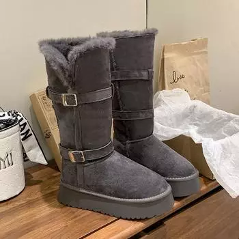 Long snow boots women s winter new fluffy plush thickened warm outer thick-soled cotton boots 35
