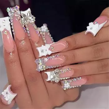Long Square Press On Nail With 3D Bowknot and Rhinestones Designs False Nail Sparkling Stick on Nail for Women and Girls