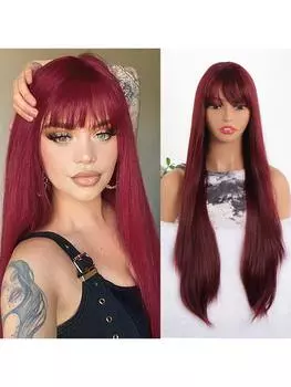Длинный прямой 28-дюймовый парик цвета красного вина с челкой, синтетические парики для женщин, термостойкие натуральные волосы для повседневной вечеринки в честь Хэллоуина 28inch