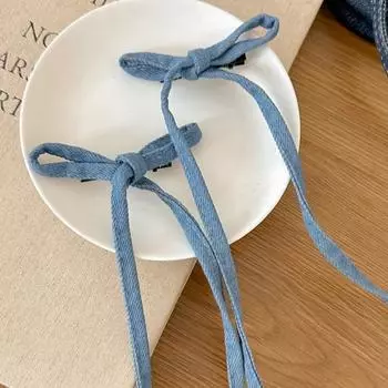 Long Tassel Denim Bow Hair Clip Y2k Bowknot Ribbon Hair Clip Balletcore Bow Hairpin Student синий
