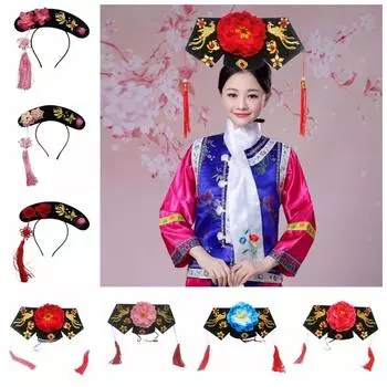 Long Tassel Hanfu Flower Headband Phoenix Royal Court Headdress Hat Cosplay blue-hat