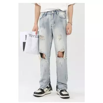 Long Trousers High Street Broken Hole Men and Women with The Same Hip-hop Retro Washed Zipper Scraped Beggar Pants Pants Versatile S