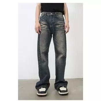 Long Trousers High Street Waterwash Micro Flare Jeans Men s Vintage Washed and Aged Loose Straight Dragging Pants Pants Versatile S синий