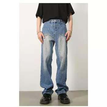 Long Trousers Retro Old Personality Pocket Design Jeans Men s Loose Straight Wide-leg Fit Straight Loose Jeans for Men Fashionable and Comfortable S синий