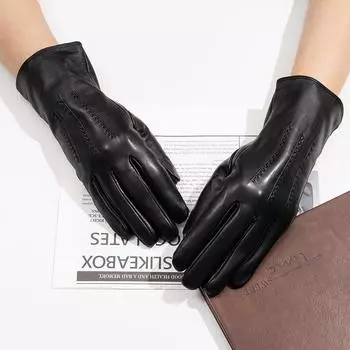 Long Warm Genuine Leather Gloves Sheepskin Gloves for Women Touch Screen Fashionable and High End Black Autumn and Winter M size/