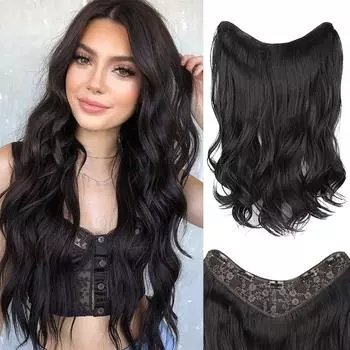 Длинный волнистый синтетический парик с полупариком V-образной формы, 5 зажимов, накладные волосы, один кусок, густые, большие волнистые накладные волосы для женщин 50cm