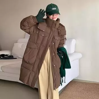 Long white duck down jacket women s 2024 winter fashion hooded multi-pocket thickened and thin casual over-the-knee jacket S