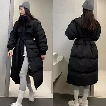 Long white duck down women s 2024 winter fashion hooded waist and thin back triangle warm over the knee trendy coat burst one size fits all синий