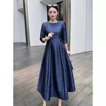 Long Wine Red Autumn and Winter Slim-Fit Dress with Large Hemline Dark blue(Waist 94) 3XL