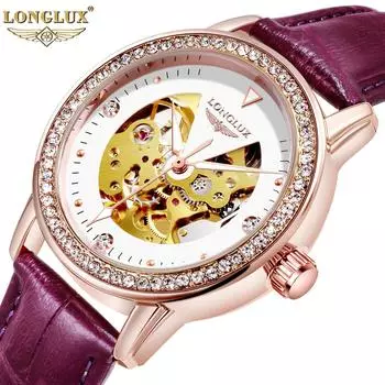 Часы LONGLUX Skeleton Automatic Mechanical Leather Waterproof с бриллиантами