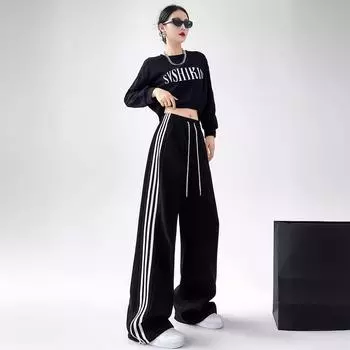 Loose and Thin, Drape Wide-leg Pants, Spring and Autumn New Drawstring Two-wear Sweatpants S темно-серого