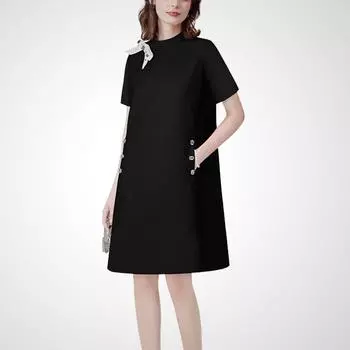 Loose Casual Commuter Dress 2025 Summer New Arrival Fashion round Collar in Black Short Sleeve Skirt Slimming A- line Skirt Black S