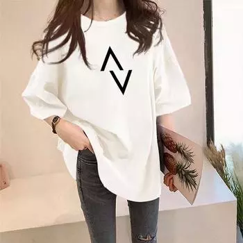 Loose Casual Cotton Women s T-shirt with Elegant Printed Short Sleeved Clothing, Basic Sweater, Summer Round Neck Top XXXXL белый