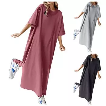Loose Casual Solid Color Comfortable Cotton Dress Loose Large Size Short Sleeved Shirt Dress Summer Home Long Dresses XXXL белый