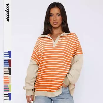 Loose Contrasting Striped Sweatshirt with Slit for Autumn Winter Casual Slimming Top for Women Pullovers & Long Sleeves Women’s S