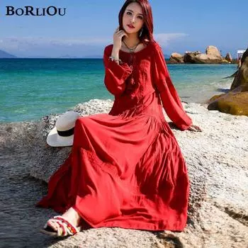 Loose Cotton Linen Seaside Photograph Desert Dress Red M