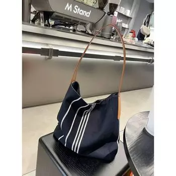 Loose Feeling Large Capacity Large Bags New Arrival Textured Canvas Retro Striped All-Matching Commuter Shoulder Bag Bucket Bag for Women Default