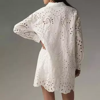 Рубашка свободного кроя, элегантная женская рубашка с лацканами и цветочным ажурным плиссированным узором, мягкая эластичная, свободного кроя, средней длины для комфорта S белый