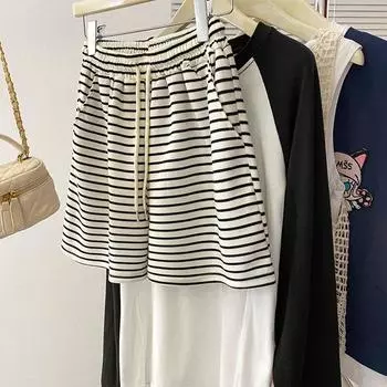 Loose High Waisted Thin Striped Casual Wide Leg Five-point Pants XXL