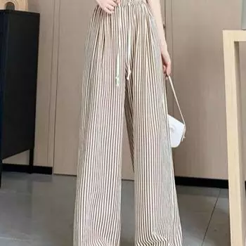 Loose Ice Silk Wide Leg Pants High Waist Striped Yamamoto Pants Comfortable Lady L чёрный