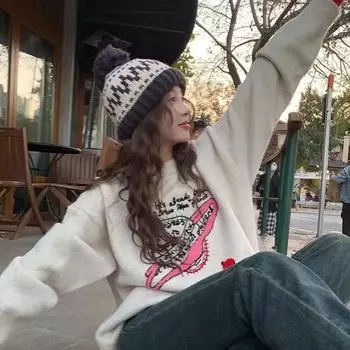 Свободный вязаный свитер с мультяшной графикой, милый пуловер для женщин 2024 года, одежда 2000-х годов, кавайный гранж, корейский, осень-зима, теплый S бежевый