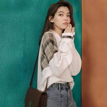 Loose Long Sleeves Casual Plaid Stitching K-style Cotton Shirt