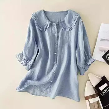 Loose Mid Sleeved Shirt with Doll Collar for Women S светло-синий