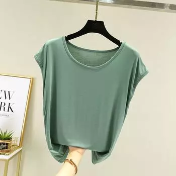 Loose Modal Sleeveless T-Shirt Women s Summer Inner Match Thin Casual Easiest for Match Plus Size Tops Pure Color Bottoming Vest Matcha green 2XL (70.00 kg-80.00 kg recommended
