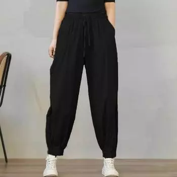 Loose Overalls Women s Autumn and Summer Loose Korean Casual Harem Pants Elastic Waist Drawstring Bloomers XXXL чёрный