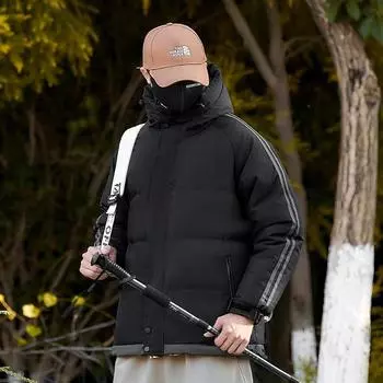 Loose Padded Jacket Men s and Women s Three-bar Padded Jacket Autumn and Winter Hooded Padded Jacket Men s Clothing M хаки