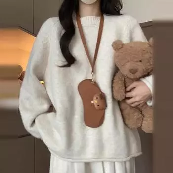 Loose Pullover Women s Autumn and Winter 2024 New Arrival Lazy Fancy Thickened Inner Wear Base Knitwear Tops Apricot L(Suggested 52.50 kg-57.50 kg)